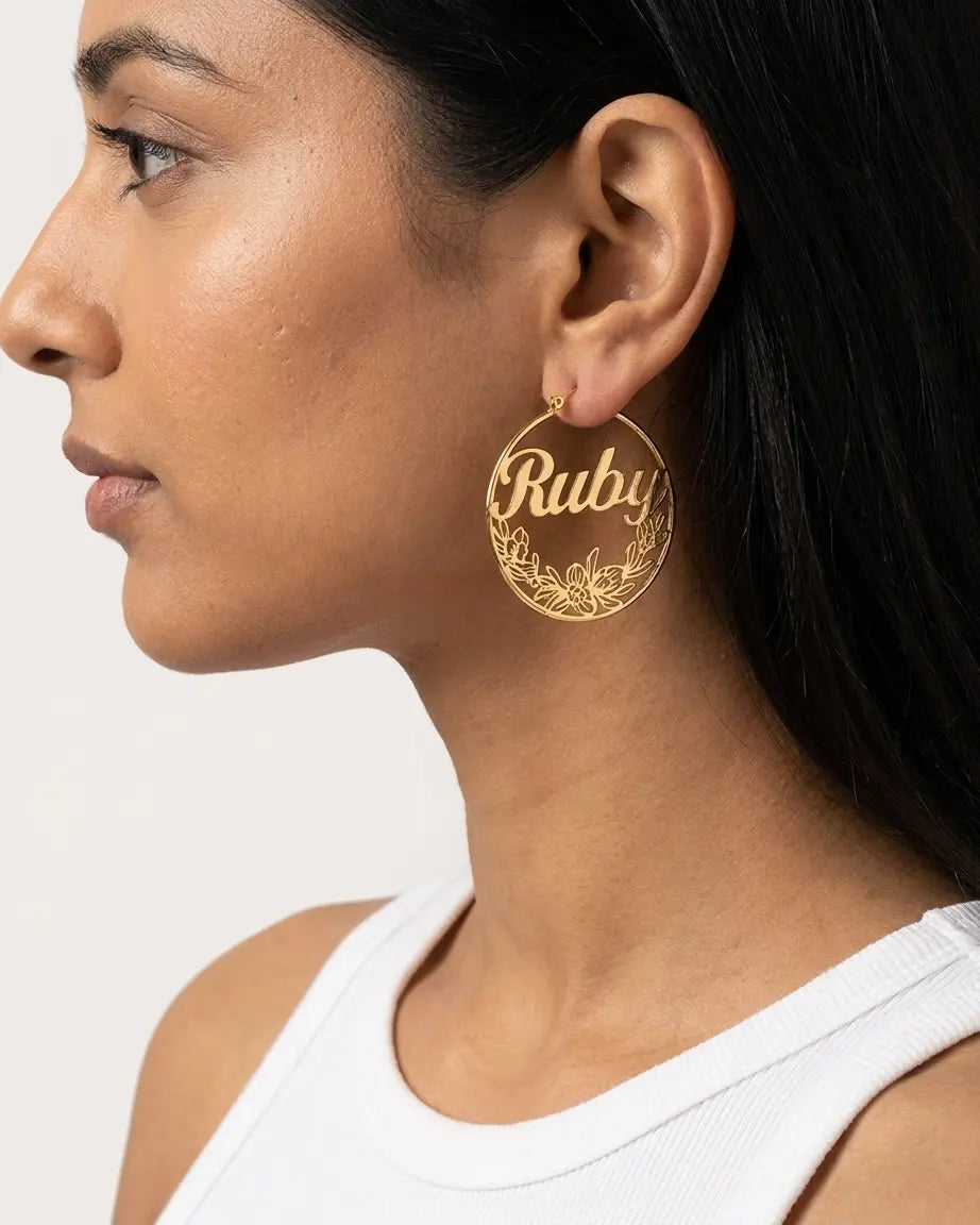 Personalize Your Name & Birth Flower Hoop Earrings - Tailor - Fashion Earrings by BLINGLANE