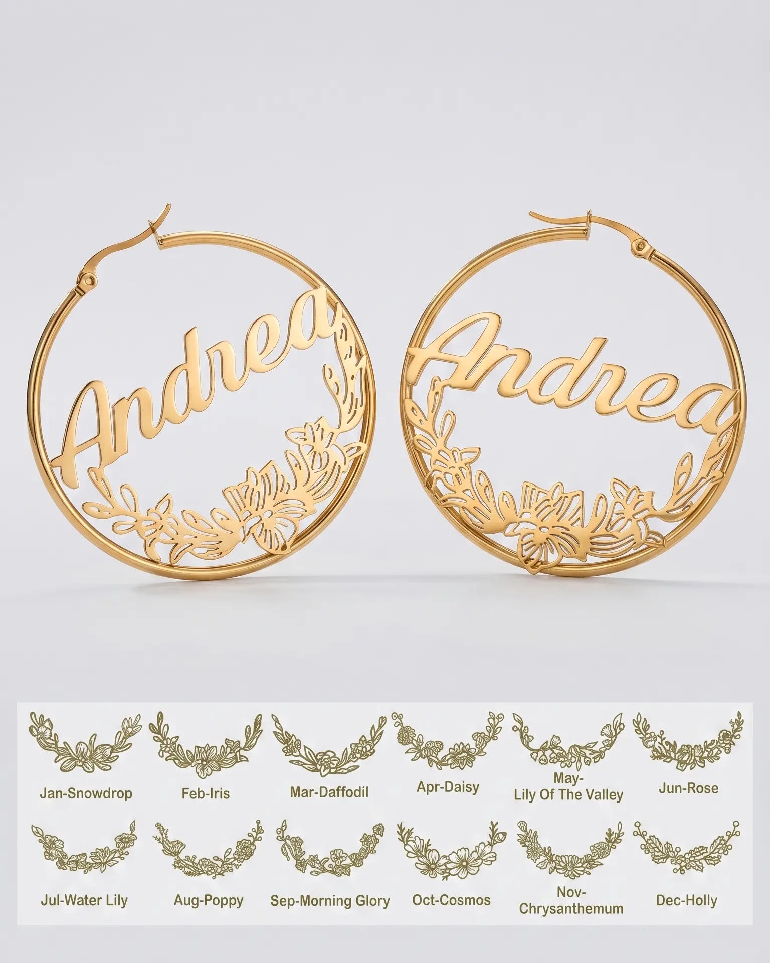 Personalize Your Name & Birth Flower Hoop Earrings - Tailor - Fashion Earrings by BLINGLANE