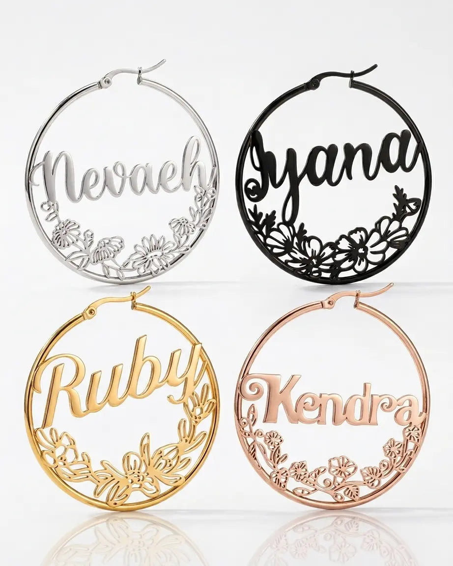 Personalize Your Name & Birth Flower Hoop Earrings - Tailor - Fashion Earrings by BLINGLANE