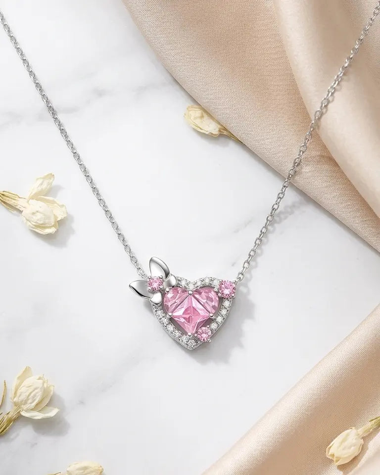 Pretty In Pink Heart Necklace - Silver Necklace by BLINGLANE