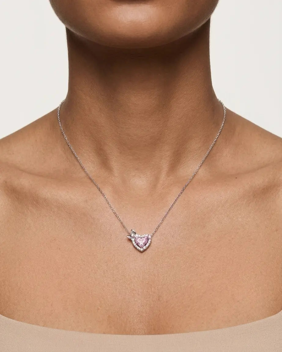 Pretty In Pink Heart Necklace - Silver Necklace by BLINGLANE