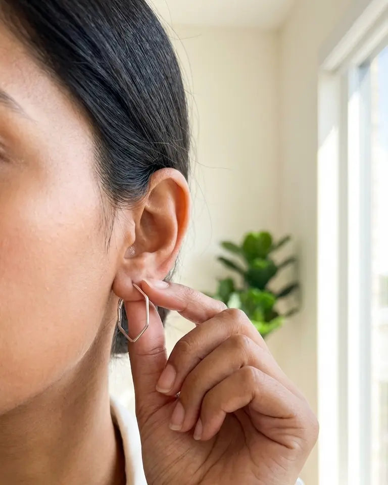 Schematic Hexagon Hoops - Silver Earrings by BLINGLANE