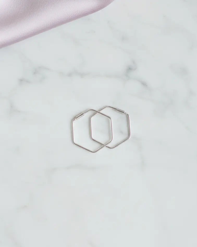 Schematic Hexagon Hoops - Silver Earrings by BLINGLANE
