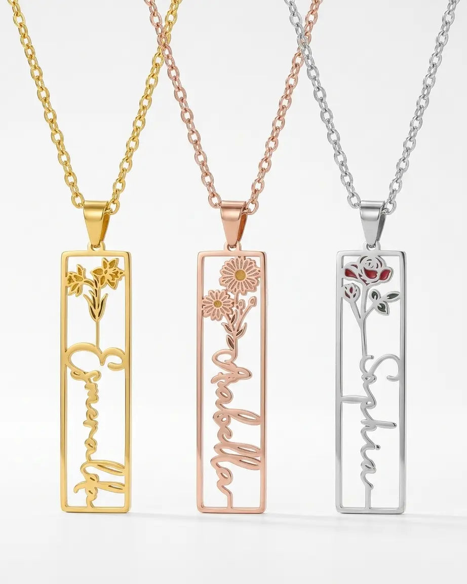 Personalize Your Name &amp; Birth Flower Oblong Necklace-Tailor -  Fashion Necklace by BLINGLANE