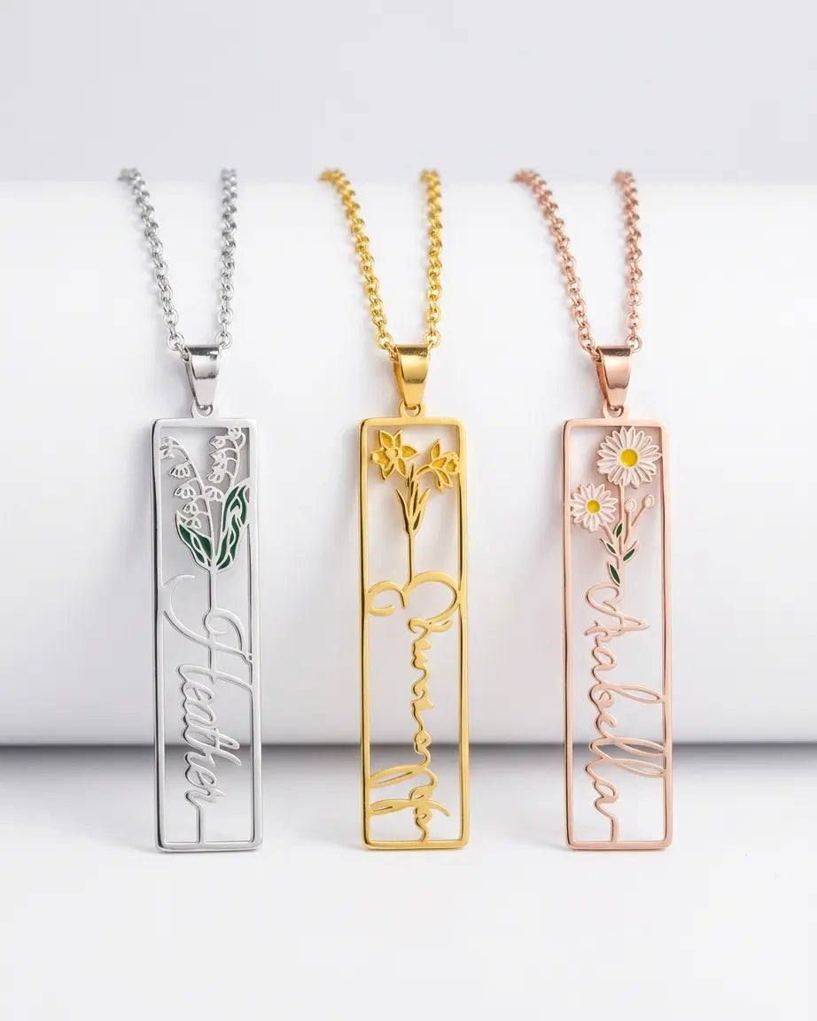 Personalize Your Name &amp; Birth Flower Oblong Necklace-Tailor -  Fashion Necklace by BLINGLANE
