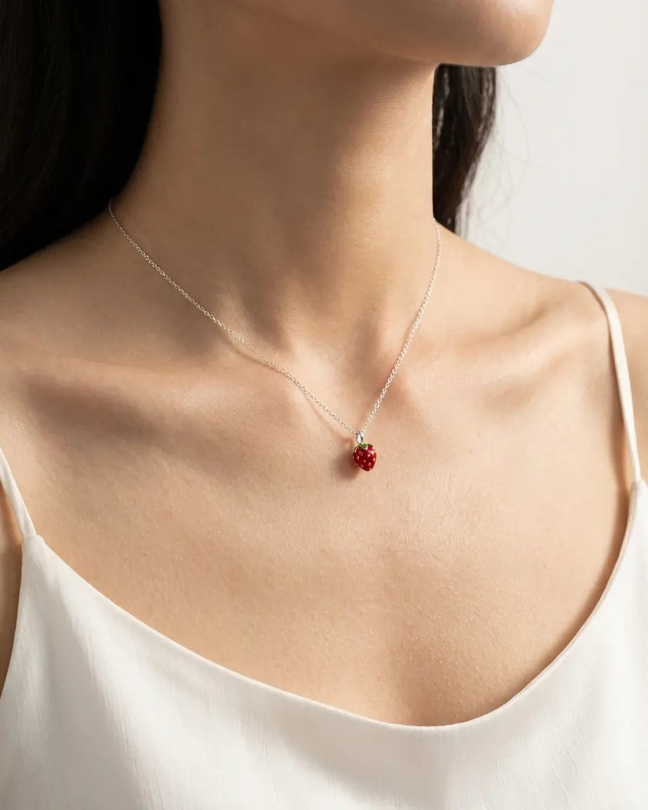 Yummy Strawberry Minimal Necklace -  Silver Necklace by BLINGLANE